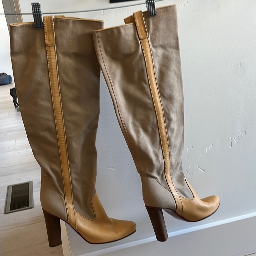 Italian Tan Heeled Knee-High Boots with pale yellow leather accent
